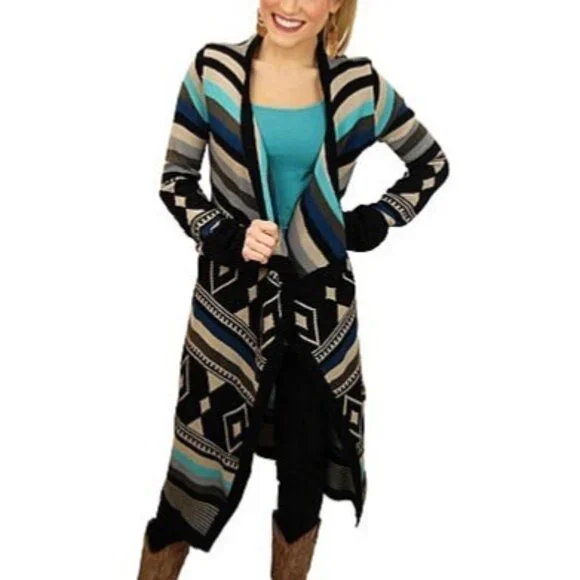 Love Stitch Long Geometric Striped Open Front Waterfall Cardigan Duster - Picture 2 of 16